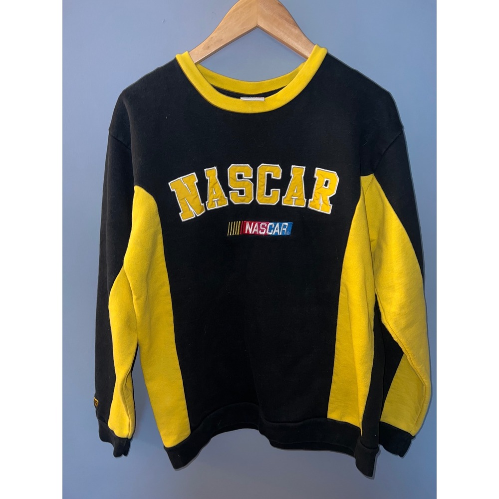 NASCAR Checkered Flag Sports Sweatshirt‎ Black Yellow Embroidered Mens M